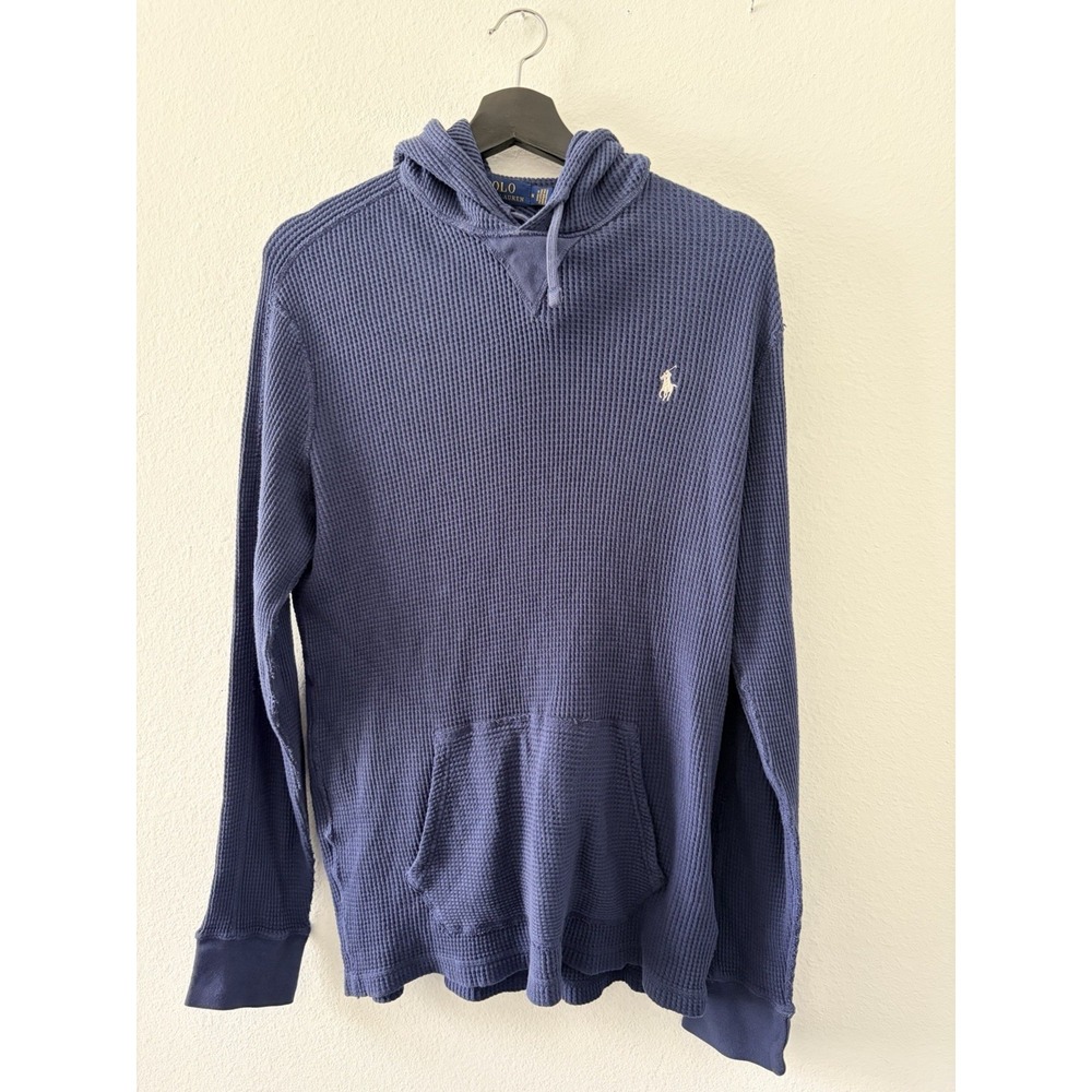 Polo Ralph Lauren Mens Medium Blue Thermal Waffle Knit Hoodie Pullover Sweater